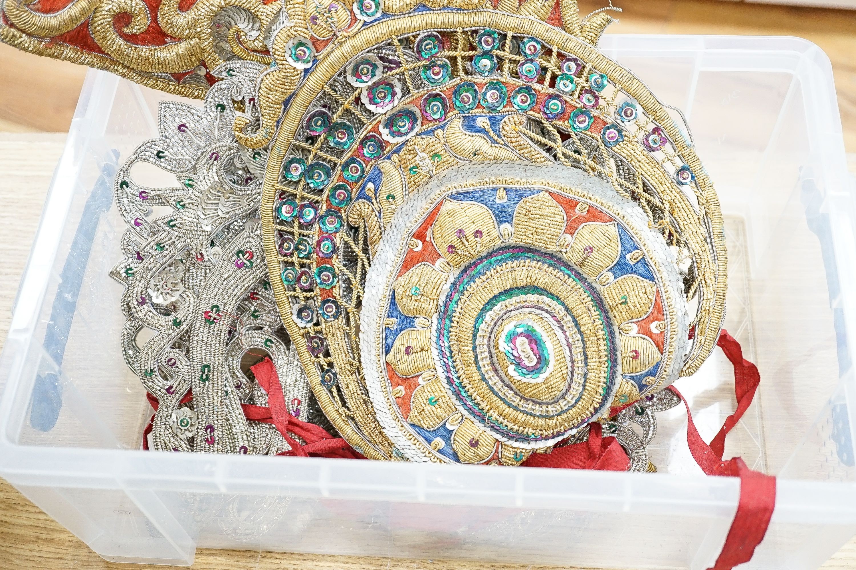 Highly ornate indian silver and gold thread headresses